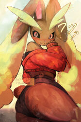 1girl ? ?? animal_nose artist_name ass bare_shoulders black_sclera black_shorts black_sports_bra blush body_fur brown_fur colored_sclera cropped_jacket dated female_focus from_behind furry furry_female gen_4_pokemon hand_up high-waist_shorts jacket long_animal_ears long_sleeves looking_at_viewer looking_back lopunny micro_shorts nintendo off_shoulder pokemon pokemon_(creature) rabbit_ears rabbit_girl rabbit_tail red_eyes red_jacket short_tail shorts signature skindentation sleeves_past_wrists solo sports_bra surprised tail thick_thighs thighs thwillartz twitter_username two-tone_fur yellow_background yellow_fur