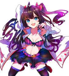 1girl :3 ahoge arm_behind_head belt black_skirt black_thighhighs blue_eyes blush bow brown_hair collarbone commentary_request detached_sleeves frilled_bustier frilled_skirt frills hair_bow hand_in_own_hair heart highres ichinose_shiki idolmaster idolmaster_cinderella_girls idolmaster_cinderella_girls_starlight_stage lab_coat long_hair looking_at_viewer midriff miniskirt navel open_mouth pink_belt pink_bow pink_bustier pink_heart red_footwear sasai_tuki simple_background skirt smile solo thigh_belt thigh_strap thighhighs two_side_up vial white_background