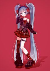 Rule 34 | 1girl, aqua eyes, asymmetrical legwear, belt, black camisole, black shoes, camisole, commentary, cute x subculture hatsune miku design contest, fashion, gothic punk, grey hair, hairband, hatsune miku, headset, jacket, leather, leather jacket, lolita hairband, long hair, mary janes, mismatched legwear, open clothes, open jacket, plaid clothes, plaid skirt, punk, red background, red skirt, sasansei3, shoes, simple background, skirt, solo, very long hair, vocaloid