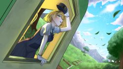 1girl absurdres black_hair blonde_hair breasts checkered_gloves cloud cloudy_sky dooby_(vtuber) gloves goggles goggles_on_headwear grass green_eyes hat highres indie_virtual_youtuber kgi_illus leaf light_blush looking_at_viewer medium_breasts mountainous_horizon multicolored_hair overalls railroad_tracks sky smile solo streaked_hair sun tail teeth thick_eyebrows train tree upper_teeth_only virtual_youtuber white_gloves white_undershirt yellow_tail