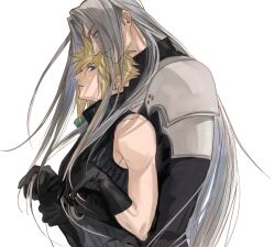 2boys armor arms_around_waist black_gloves blonde_hair blue_eyes cloud_strife earrings final_fantasy final_fantasy_vii final_fantasy_vii_advent_children gloves grey_hair highres hug hug_from_behind jewelry jjn_ff7 long_hair long_sleeves multiple_boys pauldrons sephiroth short_hair shoulder_armor single_earring sleeveless spiked_hair white_background yaoi