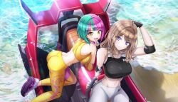Rule 34 | 2girls, :d, ass, bare shoulders, beach, bob cut, breasts, brown hair, crop top, dolphin wave, fingerless gloves, from above, game cg, gloves, green hair, helly lewis, highres, jet ski, large breasts, long hair, looking at viewer, multicolored hair, multiple girls, navel, non-web source, official alternate costume, official art, ootomo takuji, open mouth, pants, pink hair, purple eyes, shoes, short hair, sitting, smile, sneakers, suminoe shion, two-tone hair, watercraft, white pants, yellow eyes, yellow pants