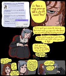 ! !! 4chan aged_up black_background black_dress black_eyes blue_hair dress grey_background hair_ornament hands_on_own_knees highres open_mouth purple_shirt puzzle_piece_hair_ornament red_hair shirt short_sleeves simple_background speech_bubble toasty_rolls twintails vivian_james wikipe-tan wikipedia