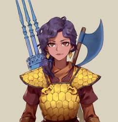 1girl arabian_clothes armor axe brown_background brown_eyes closed_eyes dark-skinned_female dark_skin earrings gauntlets gongxiao_zao helmet javelin_(spear) jewelry looking_at_viewer mount_&amp;_blade original outdoors polearm ponytail purple_hair simple_background smile solo spear warrior weapon