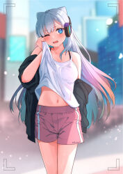 1girl aqua_hair blue_eyes blue_hair breasts headphones highres long_hair medium_breasts monster_strike multicolored_hair neo_(monster_strike) pink_hair power_symbol-shaped_pupils s-masa_7131 solo symbol-shaped_pupils