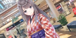 Rule 34 | 1girl, 6+others, blue reflection (series), blue reflection sun, blue sash, breasts, brown hair, ceiling light, closed mouth, dutch angle, game cg, grey eyes, hanging plant, highres, indoors, ivy, japanese clothes, kasuga shiho, kimono, kishida mel, light smile, looking at viewer, mall, medium breasts, multiple others, non-web source, obi, official art, plant, potted plant, print kimono, railing, red kimono, sash, sign, skylight, solo focus, two-tone kimono, upper body, white kimono, yagasuri