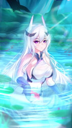1girl absurdres azur_lane bare_shoulders breasts chinese_commentary commentary_request fish gloves headgear highres kearsarge_(azur_lane) large_breasts long_hair looking_at_viewer outdoors partially_submerged purple_eyes purple_gloves solo thunder-35 very_long_hair water white_hair