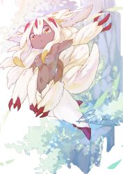 Rule 34 | 1girl, body fur, breasts, buna (beech forest), commentary request, dark-skinned female, dark skin, extra arms, faputa, fewer digits, full body, highres, jumping, long hair, looking at viewer, made in abyss, monster girl, navel, nipples, open mouth, outie navel, plant, small breasts, solo, white fur, white hair, yellow eyes