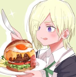 Rule 34 | 1girl, :q, blonde hair, blush, burger, commentary, drop shadow, food, green ribbon, hair over one eye, haruruhaharur, highres, holding, holding knife, holding plate, jacket, knife, letterman jacket, looking at food, love live!, love live! nijigasaki high school idol club, mia taylor, neck ribbon, nijigasaki school uniform, plate, purple eyes, ribbon, school uniform, shirt, short hair, simple background, solo, sparkle, symbol-only commentary, table knife, tongue, tongue out, white shirt, yellow background