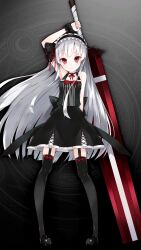 1girl bandaged_weapon bare_shoulders black_background black_choker black_hairband black_shirt black_skirt black_thighhighs breasts carmilla_(grimms_notes) carmilla_(original)_(grimms_notes) choker closed_mouth frilled_hairband frills game_cg grey_hair grimms_notes hairband holding holding_sword holding_weapon huge_weapon kou_mashiro long_hair long_sidelocks looking_at_viewer non-web_source official_art red_eyes red_ribbon ribbon shirt sidelocks skirt sleeveless sleeveless_shirt small_breasts smile standing sword thighhighs weapon