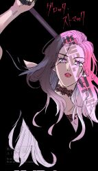 1girl arm_up black_background black_dress black_nails brown_hair character_name choker clothing_cutout commentary dress english_commentary gradient_hair grotta highres holding holding_weapon kamen_rider kamen_rider_gavv_(series) lace lace_choker long_hair looking_at_viewer multicolored_hair parted_lips pink_eyes pink_hair pink_lips shoulder_cutout solo syatimaru36 tokusatsu translation_request upper_body weapon