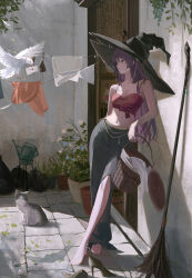 1girl absurdres against_wall barefoot basket bird black_hat breasts broom brown_shoes camisole cat cleavage clothesline crop_top crossed_legs envelope flower grey_skirt hat high_heels highres holding holding_basket jenmin12 laundry_basket leaning_to_the_side long_hair looking_to_the_side navel original parted_lips pigeon plant potted_plant red_camisole shoes skirt solo sunlight unworn_shoes very_long_hair watering_can white_bird white_flower witch witch_hat