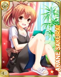 1girl apron bare_legs black_apron blouse blue_shorts bow breasts brown_bow brown_eyes brown_hair card_(medium) couch girlfriend_(kari) indoors looking_at_viewer official_art open-toe_shoes open_mouth pink_shirt ponytail qp:flapper sakurai_akane_(girlfriend_(kari)) shirt shorts sitting surprised tagme
