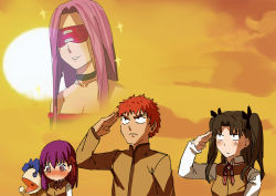 1boy 3girls bare_shoulders black_hair blindfold blue_hair blush breasts brown_jacket brown_vest character_doll choker cleavage closed_mouth club3 collared_shirt covered_eyes elbow_gloves emiya_shirou facing_viewer fate/stay_night fate_(series) frown gloves hair_between_eyes hair_ribbon hand_puppet hand_up homurabara_academy_school_uniform jacket long_hair long_sleeves looking_down looking_up matou_sakura matou_shinji medusa_(fate) medusa_(rider)_(fate) multiple_girls orange_sky outdoors projected_inset puppet purple_eyes purple_hair red_hair red_ribbon ribbon salute sanpaku school_uniform shirt sky smile sun sunset tears tohsaka_rin two_side_up vest white_shirt wing_collar