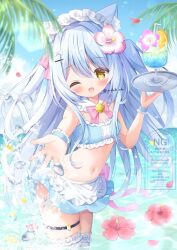 Rule 34 | 1girl, animal ear fluff, animal ears, apron, bikini, blue bikini, blue hair, blue sky, blush, bow, breasts, cat ears, collar, cup, detached collar, flower, glass, hair flower, hair ornament, headdress, highres, holding, holding tray, long hair, looking at viewer, maid, maid bikini, ocean, one eye closed, open mouth, original, outdoors, palm tree, sky, small breasts, smile, solo, swimsuit, thighhighs, tray, tree, unconventional maid, water, white apron, white thighhighs, wrist cuffs, yellow eyes, yuduki pdx