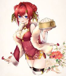 1girl ange_katrina ayuko_ammobium bamboo_steamer bare_shoulders blue_eyes breast_padding china_dress chinese_clothes cleavage_cutout clothing_cutout commentary_request covered_navel cropped_legs detached_sleeves double_bun dress feather_boa flower flower_request food hair_between_eyes hair_bun hair_intakes hair_ornament hand_up holding holding_bamboo_steamer holding_food jitome light_blush long_sleeves looking_at_viewer nail_polish nijisanji official_alternate_costume open_mouth red_dress red_flower red_hair red_nails red_sleeves short_dress sleeveless sleeveless_dress solo steamed_bun tassel thighhighs tight_clothes tight_dress triangle_hair_ornament triangle_print virtual_youtuber white_background white_flower zettai_ryouiki