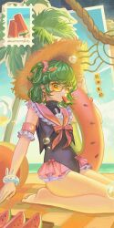 1girl beach black_one-piece_swimsuit bow bow_earrings carrot_earrings carrot_hair_ornament commentary earrings eating english_commentary food food-themed_earrings food-themed_hair_ornament food_themed_earrings fruit glasses green_eyes green_hair hair_ornament hat highres innertube jewelry ly_hao_nguyen ocean one-piece_swimsuit one-punch_man one_side_up outdoors palm_tree popsicle postage_stamp rope sand straw_hat swim_ring swimsuit tatsumaki tree water_drop watermelon watermelon_bar watermelon_slice