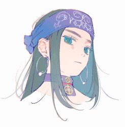 1girl ainu asirpa banana0re3 black_hair blue_eyes closed_mouth earrings expressionless eyelashes golden_kamuy headband hoop_earrings jewelry long_hair looking_at_viewer portrait purple_headband sidelocks simple_background solo white_background