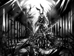 1girl acryl animal_ears blurry blurry_foreground dress frills full_body gloves grass greyscale highres holding holding_weapon long_hair looking_at_viewer monochrome original rabbit_ears solo weapon