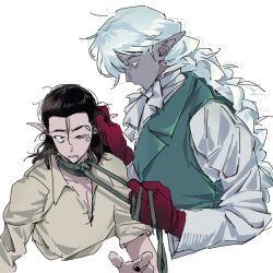 2boys abuse baldur&#039;s_gate baldur&#039;s_gate_3 black_hair blue_eyes cazador_szarr colored_skin dark_elf dungeons_&amp;_dragons dungeons_&amp;_dragons earrings elf grabbing_another&#039;s_hair green_vest grey_skin hair_slicked_back highres jewelry leash leash_pull long_hair multiple_boys poet_shirt pointy_ears red_eyes upper_body vellioth vest white_background whxqxqaaa!