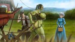 2boys 2girls angry ball_gag bdsm blonde_hair blue_butterfly blue_dress blue_eyes blurry blurry_foreground bondage bound breasts brown_pants brown_shoes brown_vest bug butterfly carriage collared_shirt colored_skin cowboy_hat cowboy_western cuffed cuffs day depth_of_field dirt dress facial_hair female_orc freckles_on_breasts gag gloves grass green_hair green_skin handcuffs hat hat_tip highres huge_breasts insect jojobanks long_hair multiple_boys multiple_girls muscular muscular_female mustache open_clothes open_vest orc original outdoors pants pointy_ears ponytail public_indecency public_nudity shirt shoes slave vest whip_marks white_gloves white_hat white_shirt