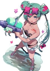 1girl bikini black_bikini black_choker blue_eyes blush breasts charm_(object) choker cleavage collarbone commentary ddangbi double_bun double_strap_slip eyewear_on_head fingernails from_above full_body goodsmile_racing gradient-tinted_eyewear green_hair hair_bun hatsune_miku highres holding holding_toy_gun holding_water_gun long_hair looking_at_viewer medium_breasts nail_polish open_mouth overall_shorts overalls racing_miku racing_miku_(2025) red_nails simple_background smile solo standing swimsuit teeth thighs tinted_eyewear toy_gun twintails upper_teeth_only v-shaped_eyebrows vocaloid water_gun wet white_background white_overalls