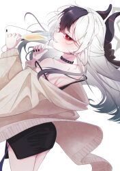 Rule 34 | 1girl, black choker, black dress, black hair, black horns, black nails, blue archive, blush, brown jacket, champagne flute, choker, commentary request, cup, demon horns, dress, drinking glass, from behind, grey hair, hair between eyes, halo, highres, holding, holding cup, horns, jacket, kayoko (blue archive), kayoko (dress) (blue archive), long hair, looking at viewer, looking back, multicolored hair, off shoulder, official alternate costume, official alternate hairstyle, qwamatono999, red eyes, smile, solo, standing, two-tone hair