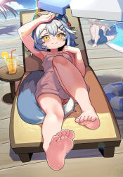 1boy 1girl absurdres animal_ear_fluff animal_ears anus arm_up armpits ass barefoot between_legs blue_hair blue_sky blue_umbrella blush breasts chair cloud collarbone cup day drink drinking_glass drinking_straw feet flower food fruit hair_between_eyes hair_flower hair_ornament hairclip halo hand_up highres innertube knee_up lemon lemon_slice looking_at_viewer lounge_chair lying male_swimwear multicolored_hair multicolored_halo naked_towel ocean on_back original outdoors pool poolside rainbow rainbow_halo sakurami_sumi shading_eyes short_hair sitting sky small_breasts smile soles solo_focus swim_ring tail tail_between_legs thick_eyebrows toes towel two-tone_hair two-tone_umbrella umbrella white_hair white_umbrella wooden_floor yellow_eyes
