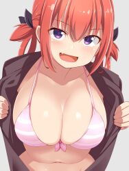 Rule 34 | 1girl, :d, bikini, bikini under clothes, black bow, black shirt, bow, breasts, bright pupils, cleavage, clothes pull, collarbone, collared shirt, commentary request, curvy, dou-t, eyes visible through hair, fang, front-tie bikini top, front-tie top, gabriel dropout, grey background, hair between eyes, hair bow, hair rings, highres, large breasts, leaning forward, long hair, looking at viewer, navel, open clothes, open mouth, open shirt, pink bikini, presenting swimsuit, pulling own clothes, purple eyes, red hair, sanpaku, satanichia kurumizawa mcdowell, shirt, shirt pull, sidelocks, simple background, skin fang, skindentation, smile, smug, solo, striped bikini, striped clothes, swimsuit, tsurime, upper body, v-shaped eyebrows
