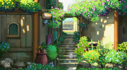 Rule 34 | chinnkun, day, facing viewer, fantasy, flower, flower pot, garden, landscape, lightning, looking at viewer, original, outdoors, painterly, pink flower, pink rose, post sign, rock, rose, rose bush, signature, spirits, stairs, window