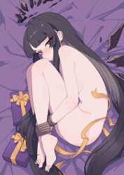 1girl absurdly_long_hair absurdres arknights ass barefoot bdsm black_eyes black_hair black_halo black_wings bondage bound bound_ankles bound_wrists breasts closed_mouth detached_wings halo highres long_hair lying on_side small_breasts toes very_long_hair virtuosa_(arknights) wings zhineng_qiu
