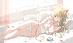1girl absurdres alarm_clock animal_ear_fluff animal_ears bed bed_sheet blonde_hair blush breasts camisole cat_ears cat_tail clock commentary_request curtains highres long_hair looking_at_viewer lying medium_breasts navel on_side one_eye_closed original panties parted_lips petals pillow sidelocks sikimosh solo tail underwear wavy_hair white_camisole white_panties window yellow_eyes