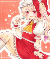 1girl ascot blonde_hair candy eating flandre_scarlet food full_body hat highres holding holding_candy holding_food lollipop looking_at_viewer marker_(medium) mob_cap open_mouth puffy_short_sleeves puffy_sleeves red_eyes ribbon short_sleeves side_ponytail sitting skirt smile solo touhou traditional_media wings wrist_cuffs yellow_ascot yuuki_hana_(jtnp5334)