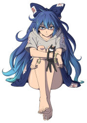 1girl bangle barefoot blue_bow blue_hair blue_skirt bow bracelet closed_mouth commentary_request full_body grey_hoodie hair_between_eyes hair_bow highres holding holding_stuffed_toy hood hood_down hoodie hugging_own_legs inuno_rakugaki jewelry knees_up long_hair shaded_face short_sleeves simple_background sitting skirt solo stuffed_animal stuffed_cat stuffed_toy touhou white_background yorigami_shion