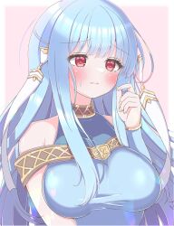 1girl asage_(asgsn) bare_shoulders blue_dress blue_hair blush breasts dress fire_emblem fire_emblem:_the_blazing_blade hair_ornament highres large_breasts long_hair looking_at_viewer ninian_(fire_emblem) nintendo red_eyes simple_background sleeveless solo