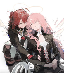 2girls absurdres arknights black_corset black_jacket closed_eyes closed_mouth corset cross cross_earrings earrings efjun exusiai_(arknights) exusiai_the_new_covenant_(arknights) fingerless_gloves gloves halo hand_on_another&#039;s_arm happy highres jacket jewelry lemuen_(arknights) long_hair multiple_girls pink_hair siblings side_ponytail sisters sitting sketch smile wheelchair white_background