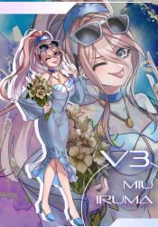 1girl bare_shoulders blonde_hair blue_dress blue_eyes blush bouquet breasts character_name choker cleavage commentary_request danganronpa_(series) danganronpa_v3:_killing_harmony dress eyelashes eyewear_on_head flower full_body hair_between_eyes high_heels high_ponytail highres holding holding_bouquet iruma_miu jewelry large_breasts long_hair long_sleeves looking_at_viewer necklace nota_sayaka official_alternate_costume official_alternate_hairstyle one_eye_closed ponytail smile solo standing sunglasses tongue tongue_out very_long_hair white_flower