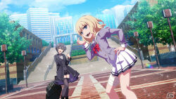 2girls bandages black_coat black_hair black_jacket black_ribbon black_shorts black_thighhighs black_vest blonde_hair blue_eyes breasts chloe_tang coat cosplay crossover engage_kill engage_kiss formal_clothes frilled_shirt frills game_cg hair_between_eyes hand_on_own_hip jacket leivinia_birdway long_sleeves medium_breasts multiple_girls neckerchief official_art pleated_skirt purple_serafuku red_neckerchief ribbon rolling_suitcase sailor_collar school_uniform serafuku shirt shorts skirt suitcase thighhighs toaru_majutsu_no_index toaru_majutsu_no_index:_imaginary_fest toaru_majutsu_no_index:_new_testament vest white_sailor_collar white_shirt white_skirt yellow_eyes zettai_ryouiki