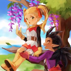 Rule 34 | 1boy, 1girl, belt, belt buckle, black shirt, blonde hair, blue sky, blurry, blurry background, boots, breasts, brown belt, brown hair, buckle, climbing tree, cloud, dark-skinned male, dark skin, day, dragon quest, dragon quest builders 2, dress, earrings, fangs, female builder (dqb2), flower, fringe trim, gloves, green eyes, hair horns, hair pulled back, hair ribbon, hoop earrings, hotaro (bread fusa), in tree, jewelry, leaf, looking at another, looking to the side, low ponytail, neckerchief, necklace, open clothes, open mouth, open shirt, orange pants, outdoors, pants, pointy ears, ponytail, profile, purple flower, purple shirt, red belt, red dress, red eyes, red gloves, red ribbon, ribbon, shirt, shirt under dress, sidoh (dqb2), sitting, sitting in tree, sky, small breasts, spiked hair, tooth necklace, tree, twintails, two-tone dress, white dress, wisteria, yellow boots, yellow gloves, yellow neckerchief