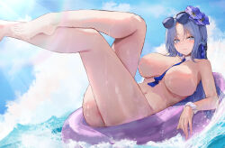 1girl absurdres alsace_(azur_lane) alsace_(heat_beating_summer_sacrament)_(azur_lane) azur_lane between_breasts blue_eyes blue_hair blue_necktie blue_ribbon blue_sky braid breasts closed_mouth day detached_collar eyewear_on_head flower hair_flower hair_ornament hair_ribbon highres innertube large_breasts legs_up long_hair looking_at_viewer navel necktie necktie_between_breasts no_nipples nude ocean official_alternate_costume outdoors parted_bangs ribbon sky solo sunglasses suo_bu_ye_feng swim_ring thighs very_long_hair water wet