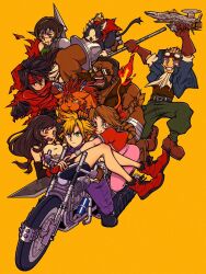 3girls 5boys aechin0130 aerith_gainsborough aircraft airship anniversary bare_legs barret_wallace black_hair blonde_hair blue_eyes blue_jacket breasts brown_hair brown_vest buster_sword cait_sith_(final_fantasy) cape cat cid_highwind cigarette closed_mouth cloud_strife commentary_request crown dark-skinned_male dark_skin dress final_fantasy final_fantasy_vii flame-tipped_tail full_body goggles goggles_on_head green_pants green_sweater highres highwind jacket large_breasts long_hair low-tied_long_hair mini_crown miniskirt motor_vehicle motorcycle multiple_boys multiple_girls open_mouth pants pink_dress red_cape red_eyes red_footwear red_fur red_jacket red_xiii short_hair skirt spiked_hair sunglasses sweater tank_top tifa_lockhart vest vincent_valentine white_tank_top yellow_background yuffie_kisaragi zack_fair