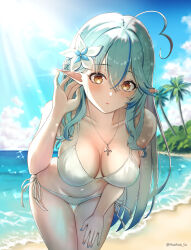 1girl absurdres adjusting_hair ahoge bare_arms bare_legs bare_shoulders beach bikini blue_hair blue_sky blush bra braid breasts cleavage collarbone dappled_sunlight double-parted_bangs elf flower_wreath green_eyes hair_petal half_up_half_down_braid hand_on_own_ear hand_on_own_thigh heart heart_ahoge highres hololive huahua_tu jewelry large_breasts leaning_forward long_hair looking_at_viewer nail_polish navel necklace panties pointy_ears sand sky solo string_bikini string_bra string_panties sunlight swimsuit twitter_username underwear virtual_youtuber white_bikini white_bra white_panties yukihana_lamy