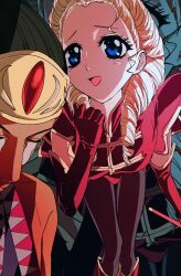 1boy 1girl ace_attorney acro_(ace_attorney) amikoiiko black_hair blonde_hair blue_background blue_eyes blush boots closed_eyes closed_mouth commentary crying dark-skinned_male dark_skin deltoids drill_hair elbow_gloves english_commentary feet_out_of_frame gem gloves gold_headband hair_pulled_back headband highres holding holding_wand knee_boots leotard long_hair open_mouth pantyhose phoenix_wright:_ace_attorney_-_justice_for_all pink_boots pink_gloves pink_leotard portrait red_gemstone regina_berry shirt sleeveless sleeveless_shirt smile streaming_tears tears wand zoom_layer