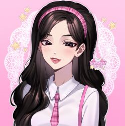 1girl aegyo_sal asian black_eyes black_hair blush collared_shirt commentary commission earrings english_commentary grin hair_behind_ear hair_over_shoulder hairband highres jewelry lace_background long_hair looking_at_viewer necktie outline parted_bangs pink_background pink_hairband pink_necktie plaid_clothes plaid_hairband plaid_necktie player_character_(roblox) red_lips roblox royale_high shirt simple_background smile solo star_(symbol) suna_(sunesttartt) tsurime twitter_username watermark wavy_hair white_outline white_shirt