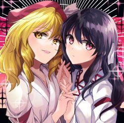 2girls beret black_hair blonde_hair blush collarbone commentary_request detached_sleeves eyelashes girl_who_trained_on_mt._haku_(touhou) hair_ribbon hat hat_ribbon highres holding_hands hourai_girl_(touhou) interlocked_fingers japanese_clothes katayama_kei kimono long_sleeves looking_at_viewer medium_hair miko multiple_girls open_mouth portrait_of_exotic_girls red_eyes red_headwear ribbon side_ponytail touhou white_kimono white_ribbon wide_sleeves yellow_eyes