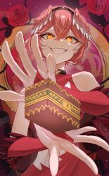Rule 34 | + +, 1girl, absurdres, alternate costume, box, bridal gauntlets, dress, floral background, gloves, grin, hair between eyes, head wings, highres, hololive, kyouraku, looking at viewer, pink hair, red dress, red gloves, short hair, sleeveless, smile, solo, takane lui, upper body, virtual youtuber, wings, yellow eyes