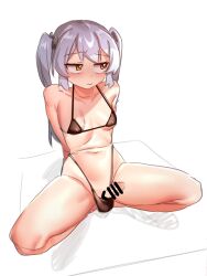 1boy arm_support arms_behind_back bar_censor bare_legs bikini black_bikini blush censored closed_mouth collarbone embarrassed erection erection_in_panties erection_in_underwear full_body g-string girly_boy grey_hair highres long_hair looking_away male_focus micro_bikini navel nose_blush otonashi_(otonashi5959) penis penis_out shadow shiny_skin simple_background small_penis solo spread_legs squatting string_bikini swimsuit thong thong_bikini tongkkangi tongkkangi_(streamer) trap twintails virtual_youtuber white_background yellow_eyes