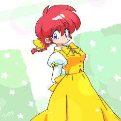 Rule 34 | 1girl, blue eyes, braid, dress, genderswap, genderswap (mtf), hair between eyes, ranma-chan, ranma 1/2, red hair, saotome ranma, single braid, solo, wanta (futoshi)
