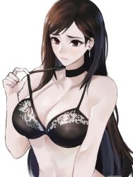 1girl absurdres bare_shoulders black_bra black_choker bra breasts brown_eyes brown_hair choker cleavage closed_mouth earrings final_fantasy final_fantasy_vii final_fantasy_vii_remake highres jewelry large_breasts long_hair parted_bangs square_enix strap_pull tifa_lockhart tommy_(kingdukeee) underwear unsure white_background