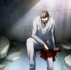 black_hair blood blood_on_hands blue_shirt breast_pocket brown_vest business_suit buttons collared_shirt crack cracked_wall formal_clothes fukuda_tomonori game_cg highres injury lapels long_sleeves looking_down multicolored_hair necktie notched_lapels official_art pocket polka_dot_necktie pool_of_blood red_necktie robotics;notes rubble sawada_toshiyuki shirt sitting suit tourniquet vest white_hair